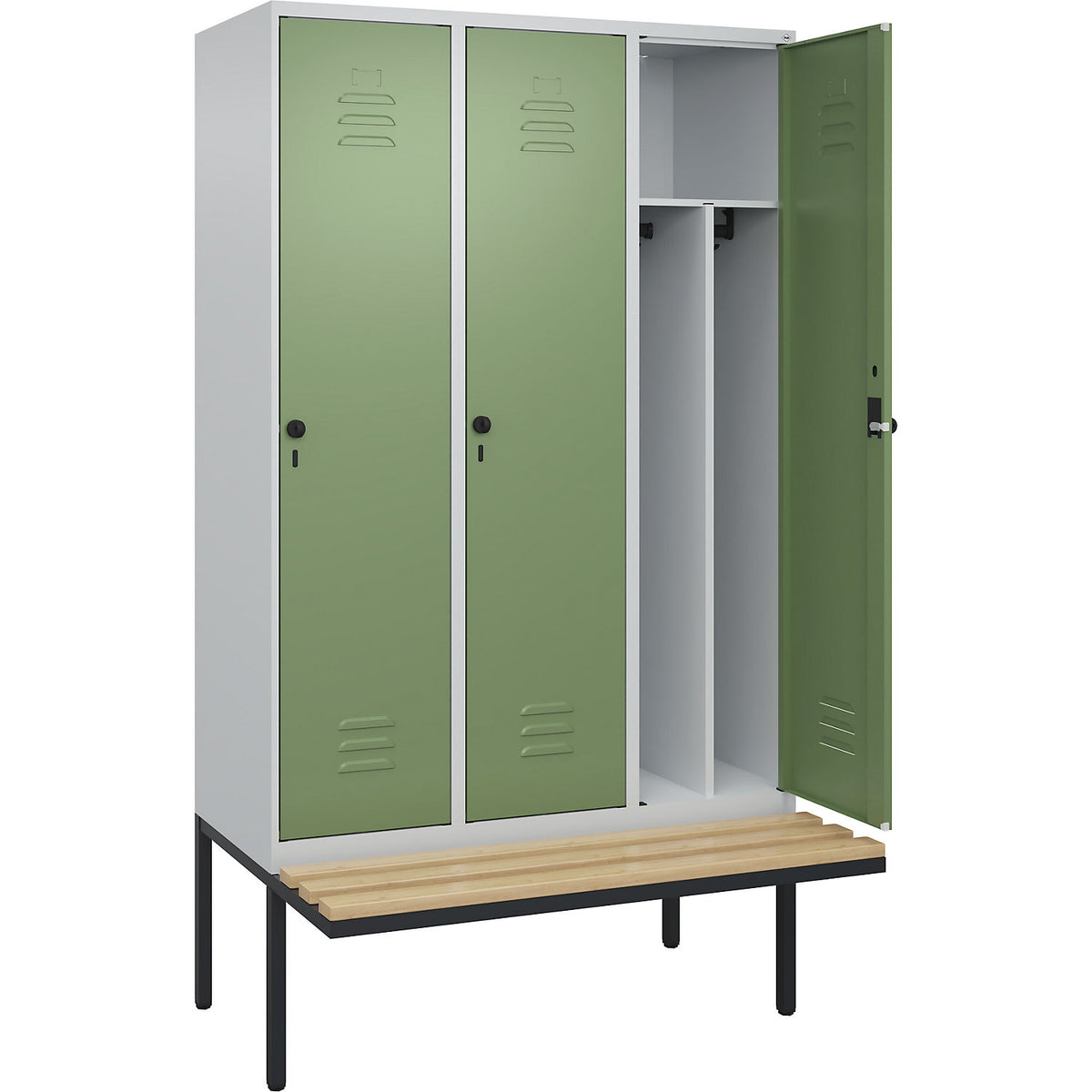 Classic PLUS clean and dirty bench seat clothes locker, narrow, 3 compartments, shortened centre divider, light grey/reseda green, W 1200 mm, security rotary bolt, cantilevered, beech hardwood.