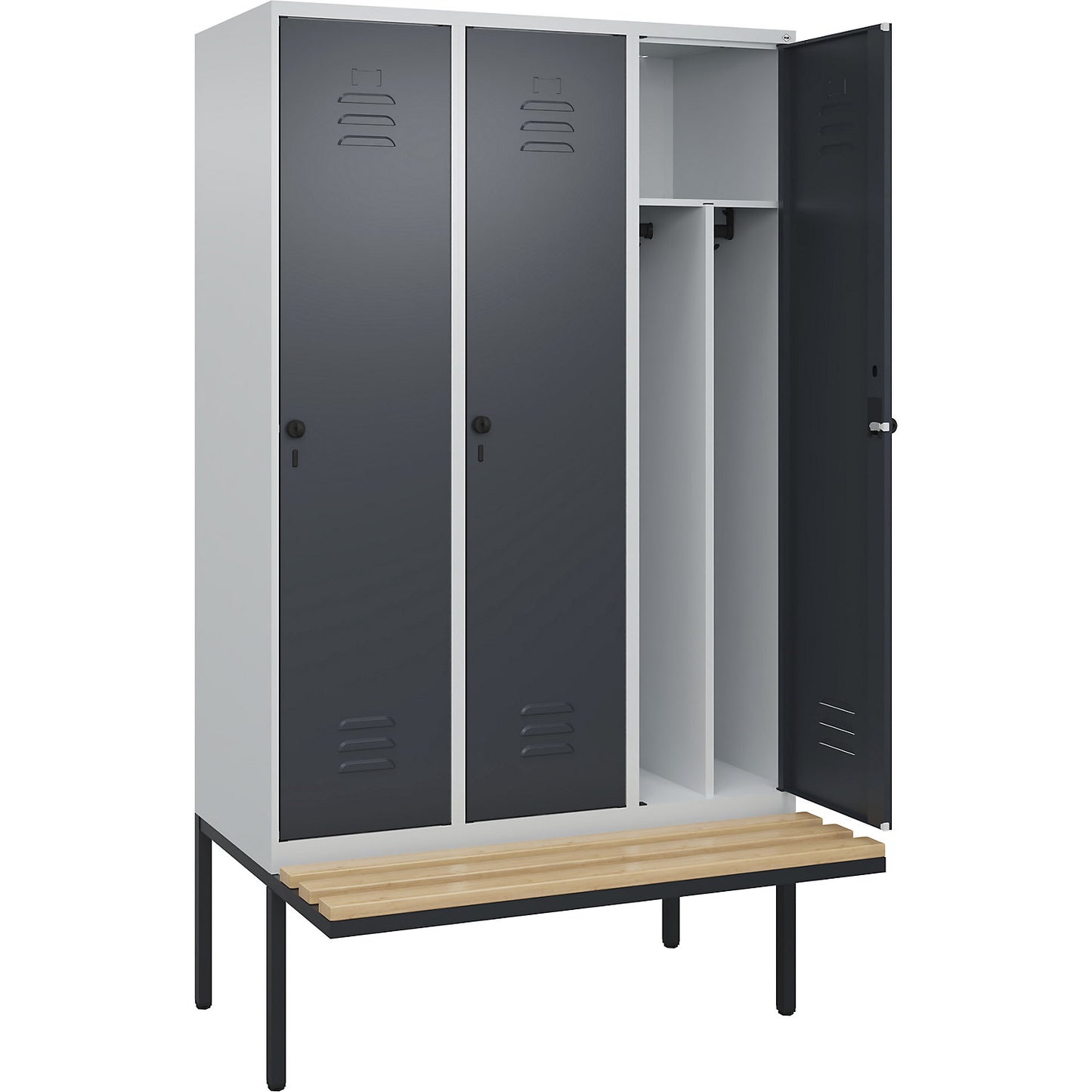Classic PLUS clean and dirty bench seat clothes locker, narrow, 3 compartments, shortened centre divider, light grey/grey, W 1200 mm, security rotary bolt, cantilevered, beech hardwood.