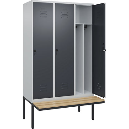 Classic PLUS clean and dirty bench seat clothes locker, narrow, 3 compartments, shortened centre divider, light grey/grey, W 1200 mm, security rotary bolt, cantilevered, beech hardwood.