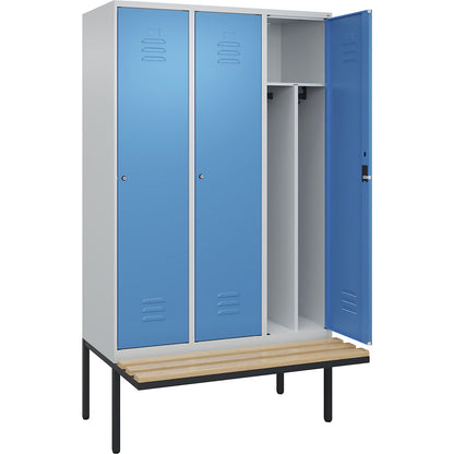 Classic PLUS clean and dirty bench seat clothes locker, narrow, 3 compartments, shortened centre divider, light grey/light blue, W 1200 mm, cylinder lock, cantilevered, beech hardwood.