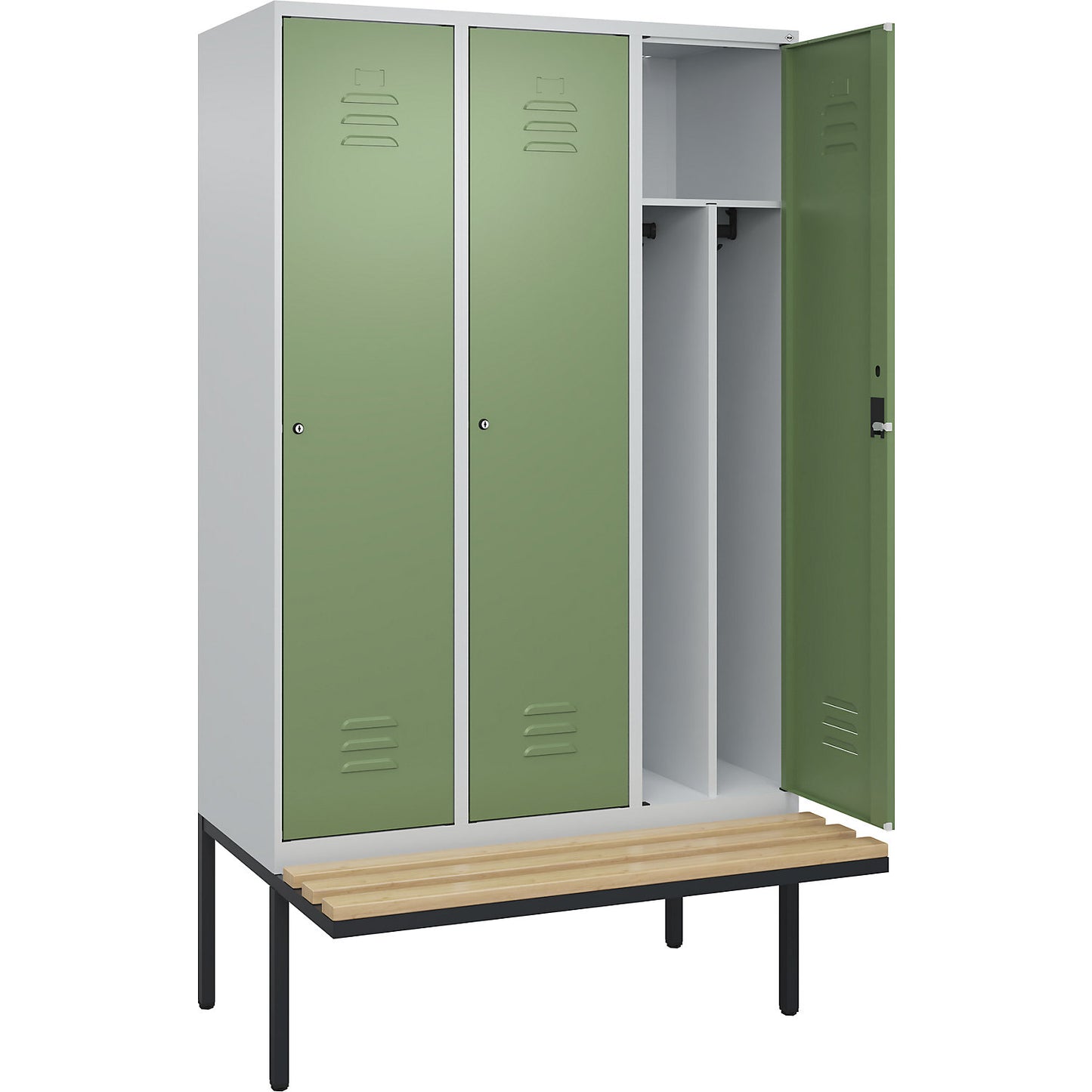 Classic PLUS clean and dirty bench seat clothes locker, narrow, 3 compartments, shortened centre divider, light grey/reseda green, W 1200 mm, cylinder lock, cantilevered, beech hardwood.