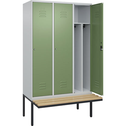 Classic PLUS clean and dirty bench seat clothes locker, narrow, 3 compartments, shortened centre divider, light grey/reseda green, W 1200 mm, cylinder lock, cantilevered, beech hardwood.