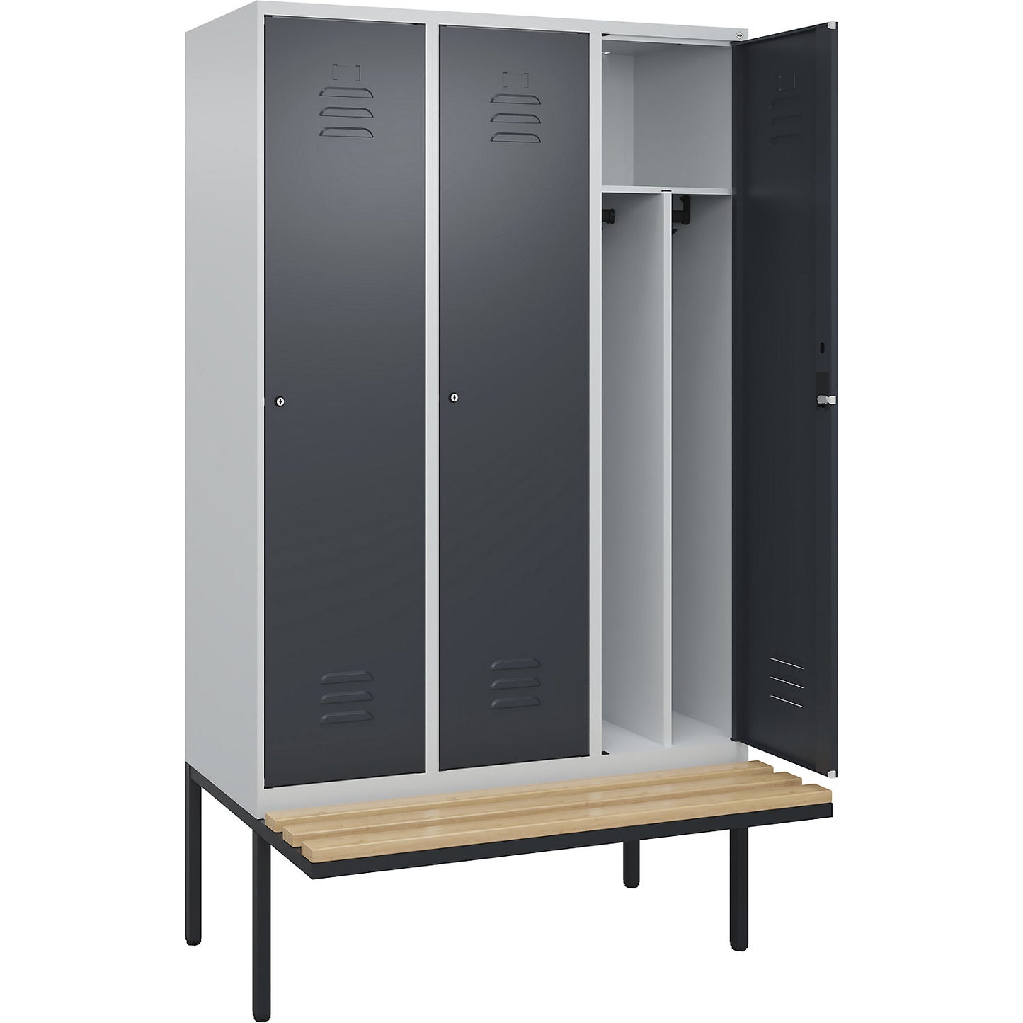 Classic PLUS clean and dirty bench seat clothes locker, narrow, 3 compartments, shortened centre divider, light grey/grey, W 1200 mm, cylinder lock, cantilevered, beech hardwood.