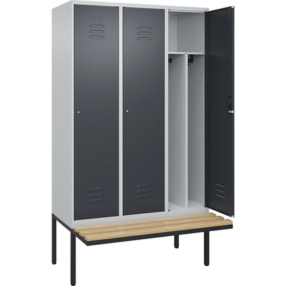 Classic PLUS clean and dirty bench seat clothes locker, narrow, 3 compartments, shortened centre divider, light grey/grey, W 1200 mm, cylinder lock, cantilevered, beech hardwood.