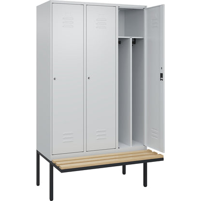 Classic PLUS clean and dirty bench seat clothes locker, narrow, 3 compartments, shortened centre divider, light grey, W 1200 mm, cylinder lock, cantilevered, beech hardwood.