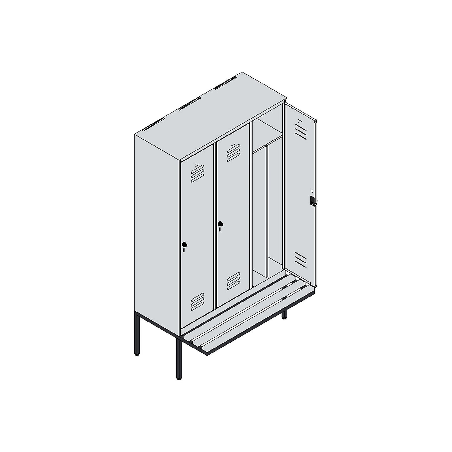 Classic PLUS clean and dirty bench seat clothes locker, narrow, 3 compartments, shortened centre divider, light grey/grey, W 1200 mm, security rotary bolt, cantilevered, beech hardwood.