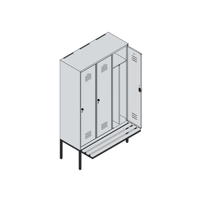 Classic PLUS clean and dirty bench seat clothes locker, narrow, 3 compartments, shortened centre divider, light grey/grey, W 1200 mm, security rotary bolt, cantilevered, beech hardwood.