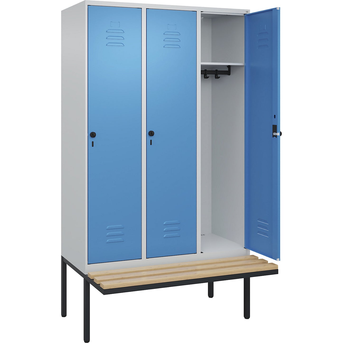 Classic PLUS bench seat clothes locker, 3 compartments, light grey/light blue, W 1200 mm, security rotary bolt, cantilevered, beech hardwood.