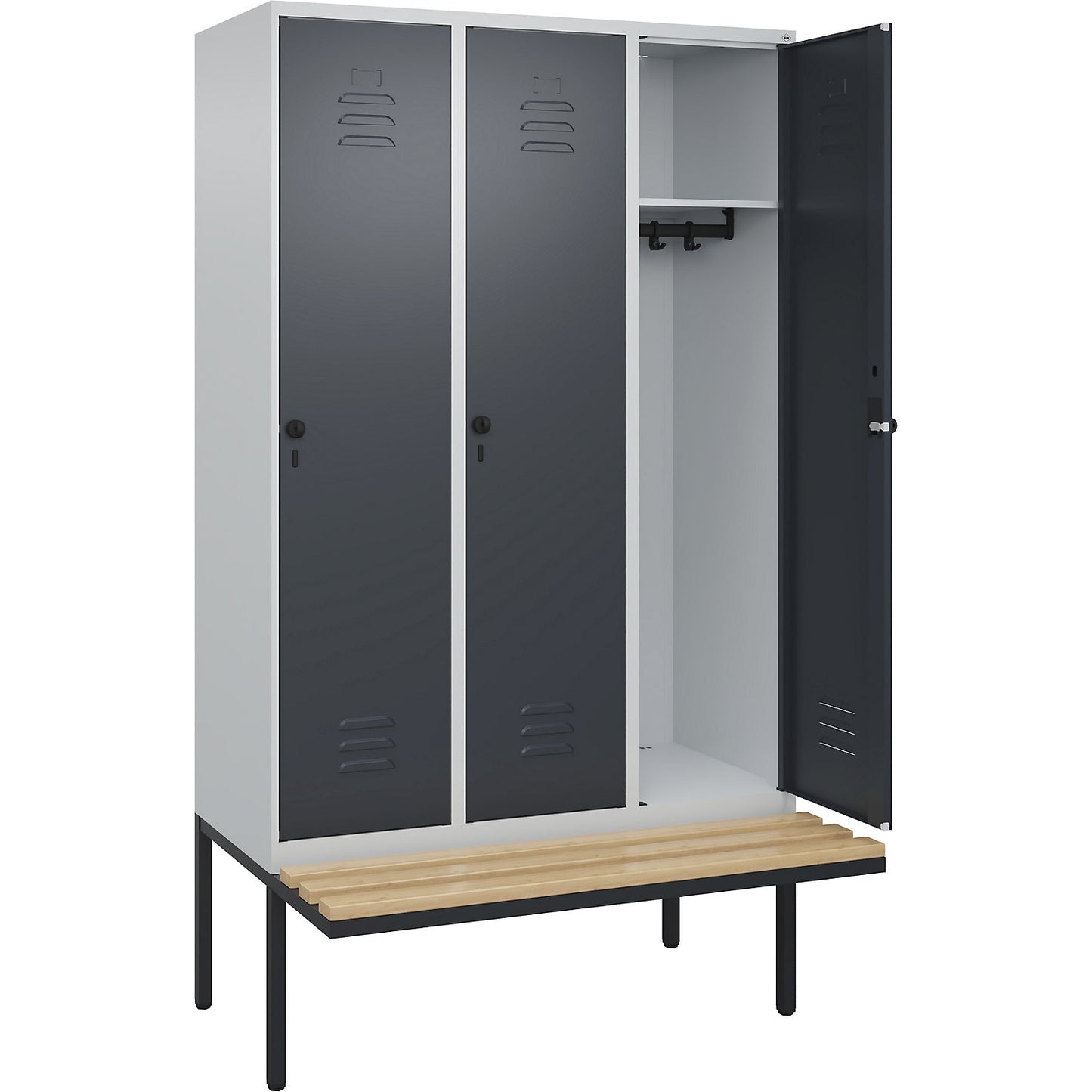 Classic PLUS bench seat clothes locker, 3 compartments, light grey/grey, W 1200 mm, security rotary bolt, cantilevered, beech hardwood.