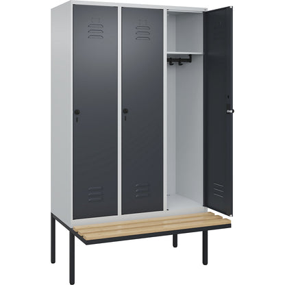 Classic PLUS bench seat clothes locker, 3 compartments, light grey/grey, W 1200 mm, security rotary bolt, cantilevered, beech hardwood.
