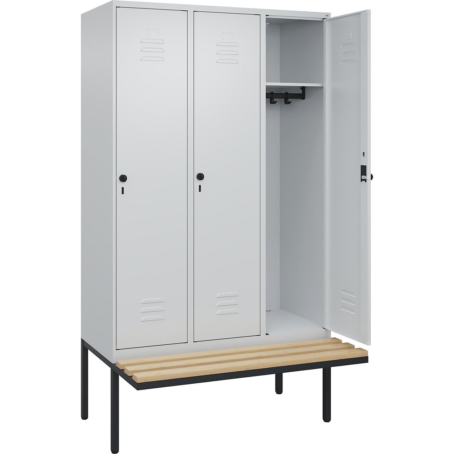 Classic PLUS bench seat clothes locker, 3 compartments, light grey, W 1200 mm, security rotary bolt, cantilevered, beech hardwood.