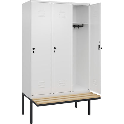 Classic PLUS bench seat clothes locker, 3 compartments, traffic white, W 1200 mm, security rotary bolt, cantilevered, beech hardwood.