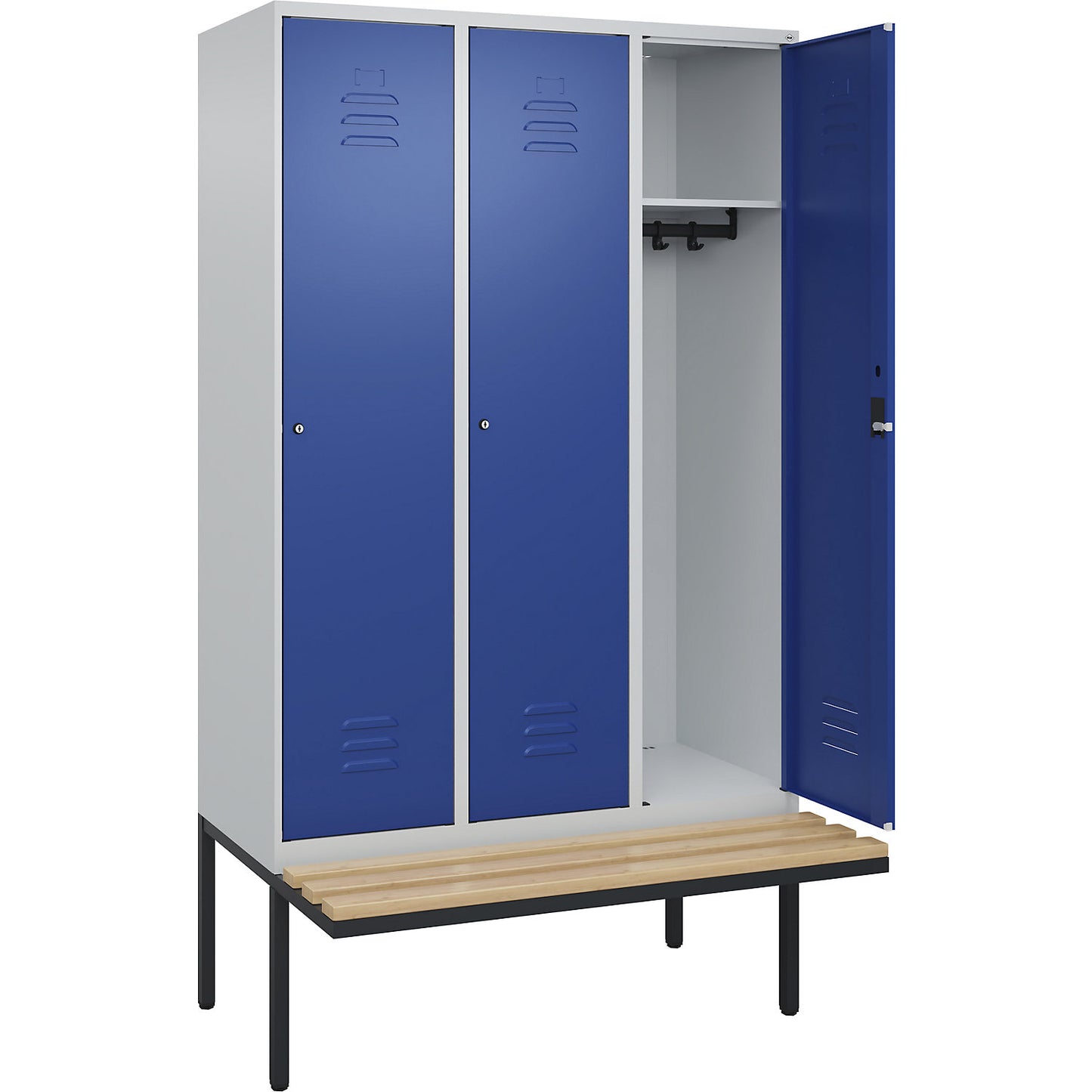 Classic PLUS bench seat clothes locker, 3 compartments, light grey/gentian blue, W 1200 mm, cylinder lock, cantilevered, beech hardwood.