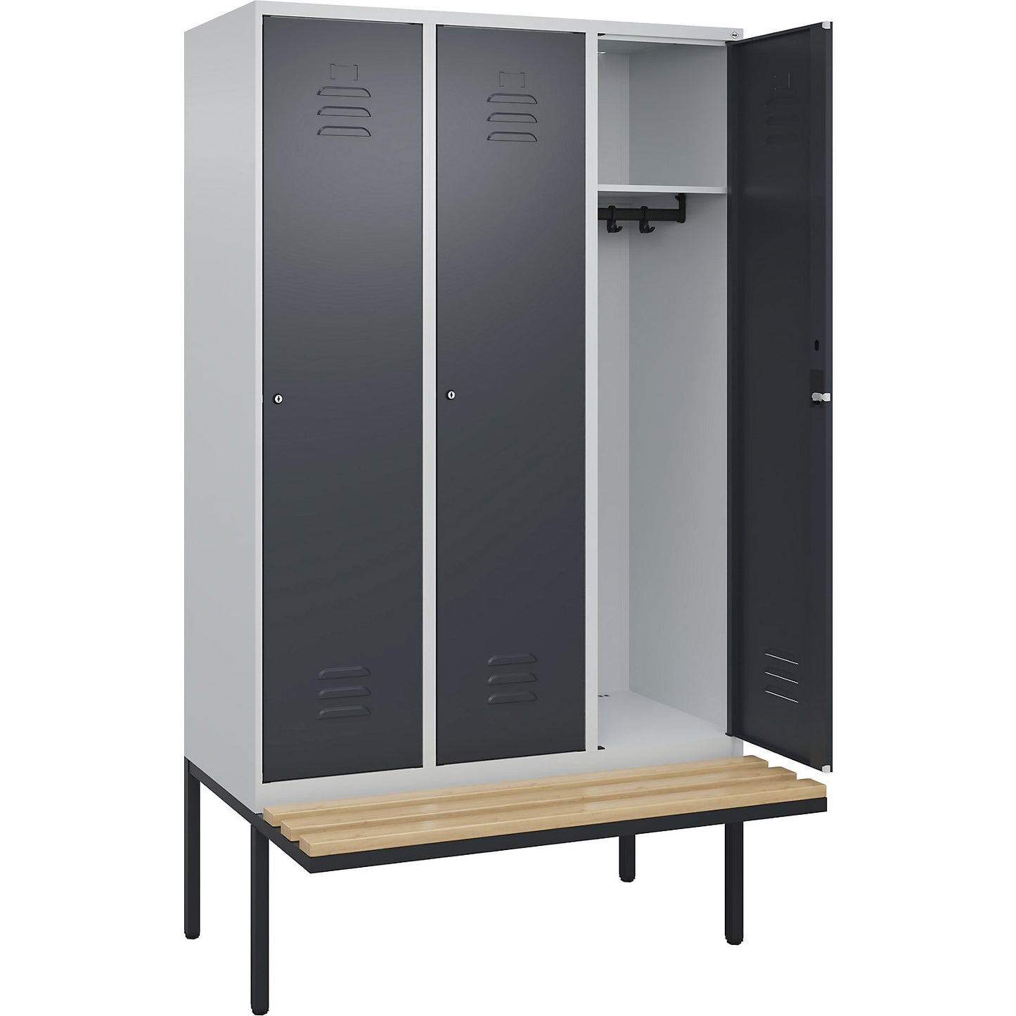 Classic PLUS bench seat clothes locker, 3 compartments, light grey/grey, W 1200 mm, cylinder lock, cantilevered, beech hardwood.