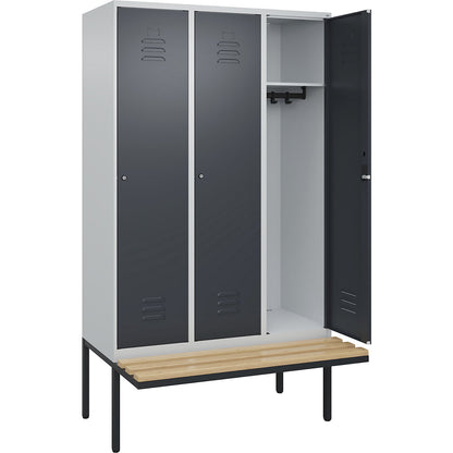Classic PLUS bench seat clothes locker, 3 compartments, light grey/grey, W 1200 mm, cylinder lock, cantilevered, beech hardwood.