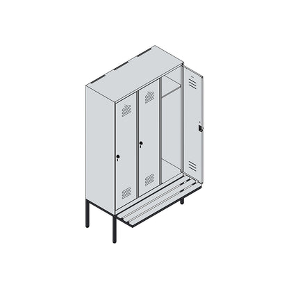 Classic PLUS bench seat clothes locker, 3 compartments, light grey/gentian blue, W 1200 mm, security rotary bolt, cantilevered, beech hardwood.