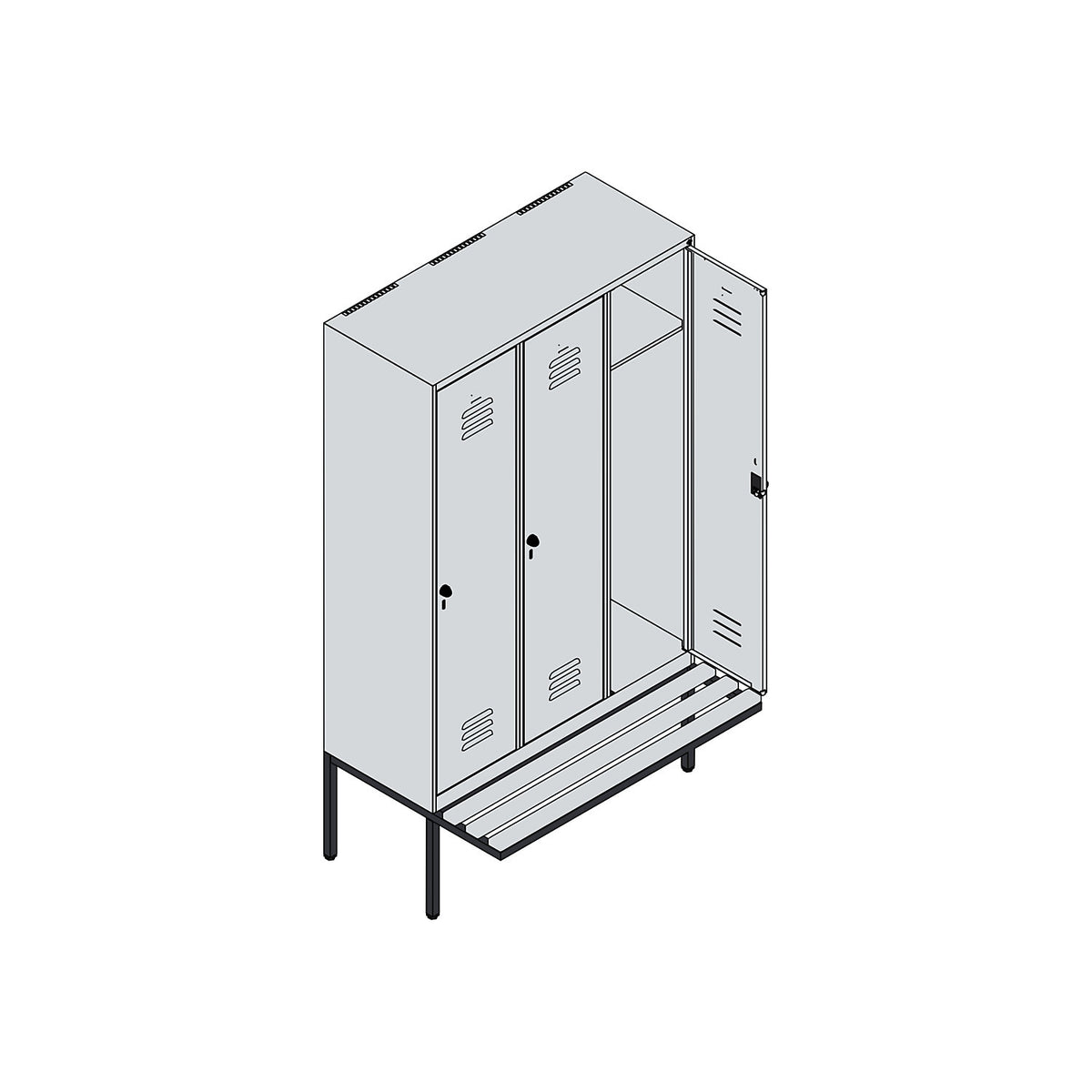 Classic PLUS bench seat clothes locker, 3 compartments, traffic white, W 1200 mm, security rotary bolt, cantilevered, beech hardwood.
