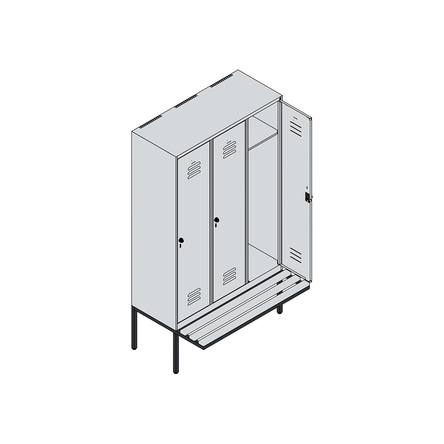 Classic PLUS bench seat clothes locker, 3 compartments, light grey/grey, W 1200 mm, security rotary bolt, cantilevered, beech hardwood.