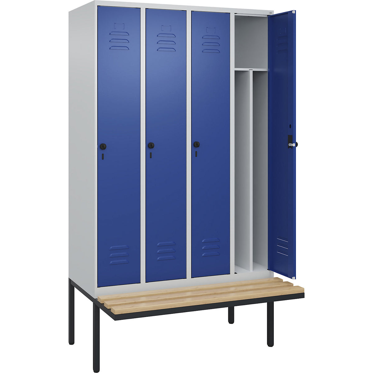 Classic PLUS clean and dirty bench seat clothes locker, narrow, 4 compartments, shortened centre divider, light grey/gentian blue, W 1200 mm, security rotary bolt, cantilevered, beech hardwood.