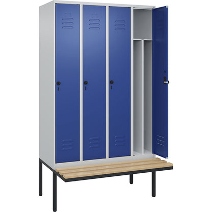 Classic PLUS clean and dirty bench seat clothes locker, narrow, 4 compartments, shortened centre divider, light grey/gentian blue, W 1200 mm, security rotary bolt, cantilevered, beech hardwood.