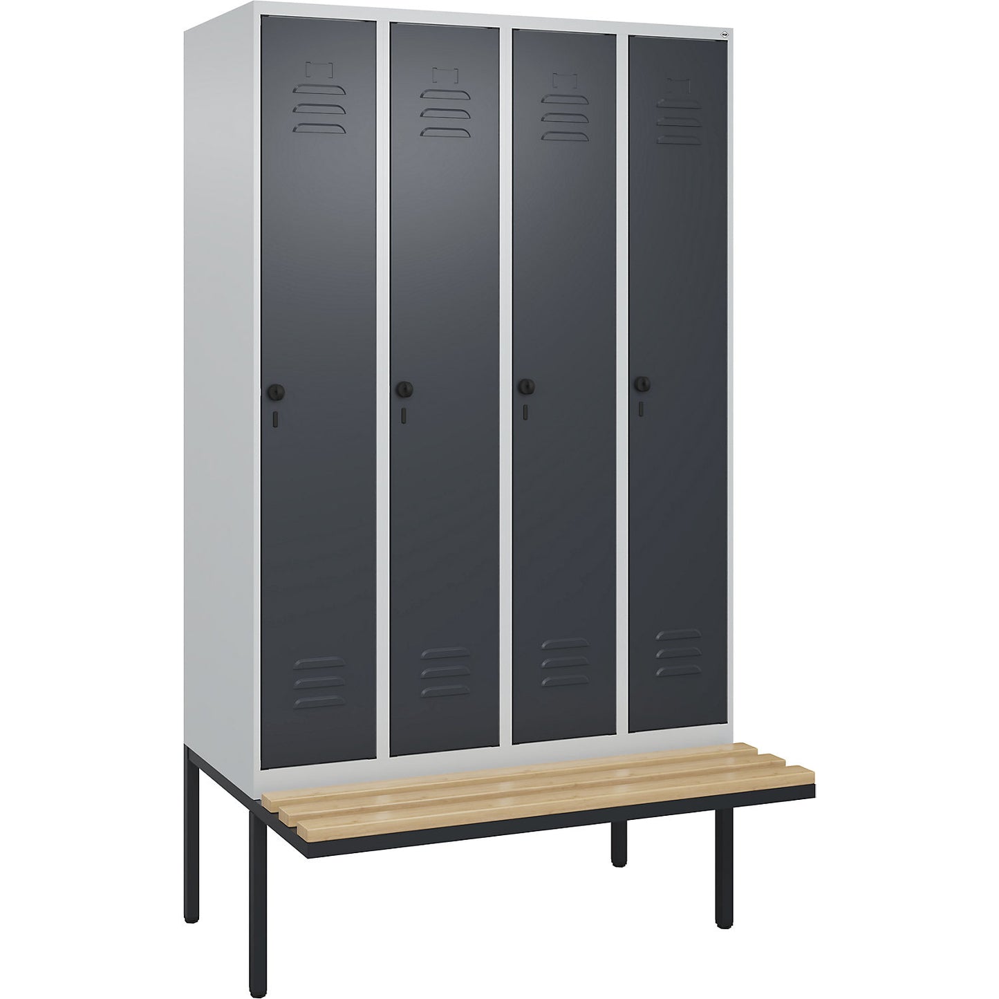 Classic PLUS clean and dirty bench seat clothes locker, narrow, 4 compartments, shortened centre divider, light grey/grey, W 1200 mm, security rotary bolt, cantilevered, beech hardwood.