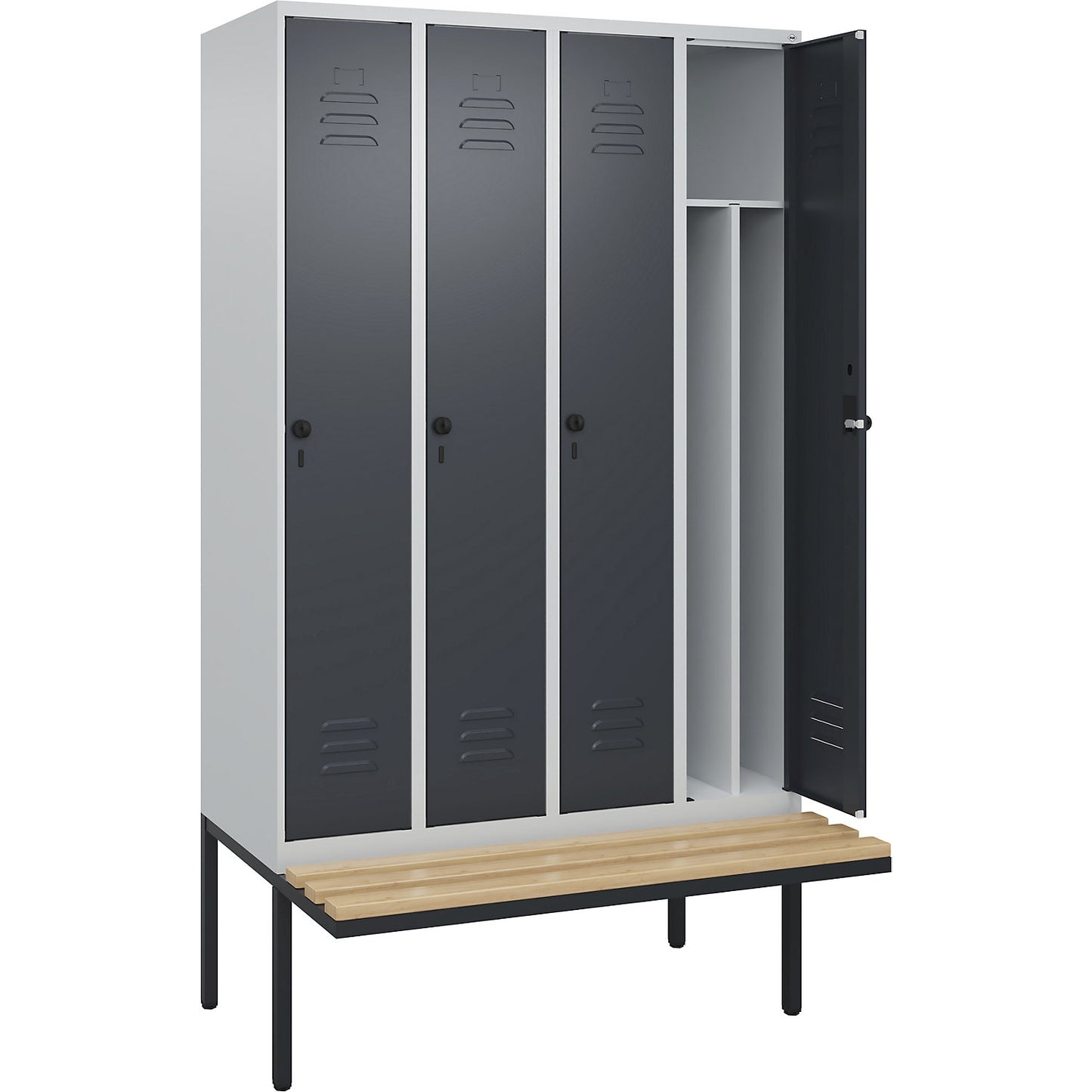 Classic PLUS clean and dirty bench seat clothes locker, narrow, 4 compartments, shortened centre divider, light grey/grey, W 1200 mm, security rotary bolt, cantilevered, beech hardwood.