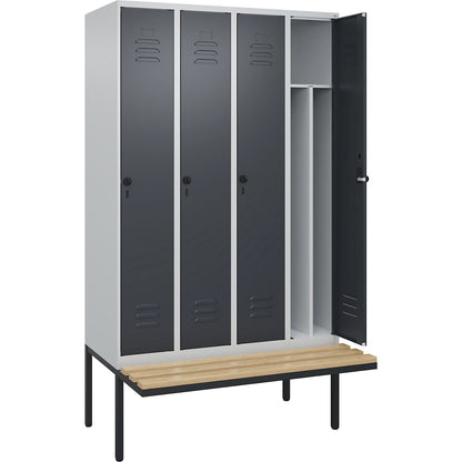 Classic PLUS clean and dirty bench seat clothes locker, narrow, 4 compartments, shortened centre divider, light grey/grey, W 1200 mm, security rotary bolt, cantilevered, beech hardwood.