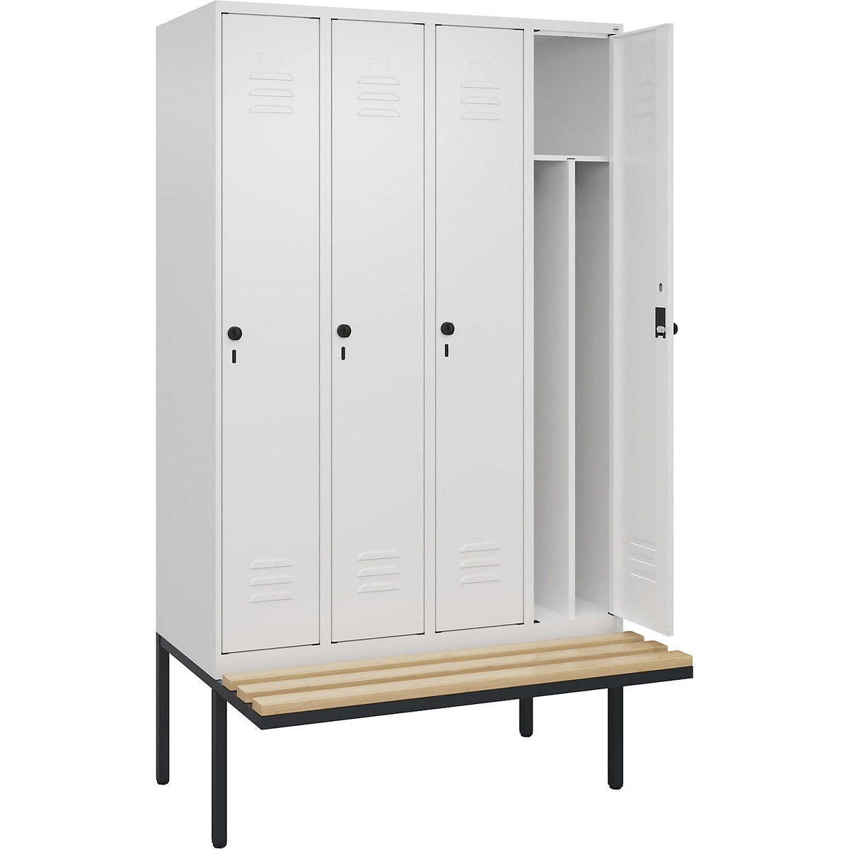 Classic PLUS clean and dirty bench seat clothes locker, narrow, 4 compartments, shortened centre divider, traffic white, W 1200 mm, security rotary bolt, cantilevered, beech hardwood.