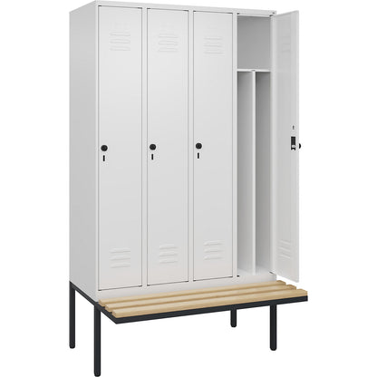 Classic PLUS clean and dirty bench seat clothes locker, narrow, 4 compartments, shortened centre divider, traffic white, W 1200 mm, security rotary bolt, cantilevered, beech hardwood.