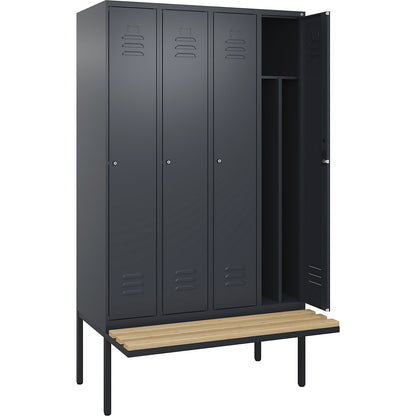 Classic PLUS clean and dirty bench seat clothes locker, narrow, 4 compartments, shortened centre divider, grey, W 1200 mm, cylinder lock, cantilevered, beech hardwood.