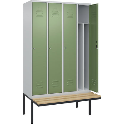Classic PLUS clean and dirty bench seat clothes locker, narrow, 4 compartments, shortened centre divider, light grey/reseda green, W 1200 mm, cylinder lock, cantilevered, beech hardwood.