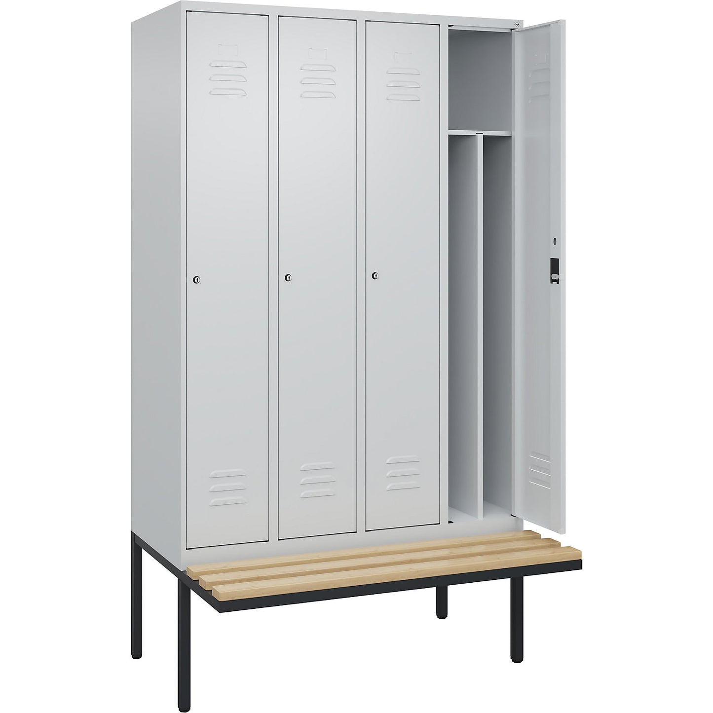 Classic PLUS clean and dirty bench seat clothes locker, narrow, 4 compartments, shortened centre divider, light grey, W 1200 mm, cylinder lock, cantilevered, beech hardwood.