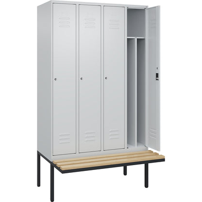 Classic PLUS clean and dirty bench seat clothes locker, narrow, 4 compartments, shortened centre divider, light grey, W 1200 mm, cylinder lock, cantilevered, beech hardwood.