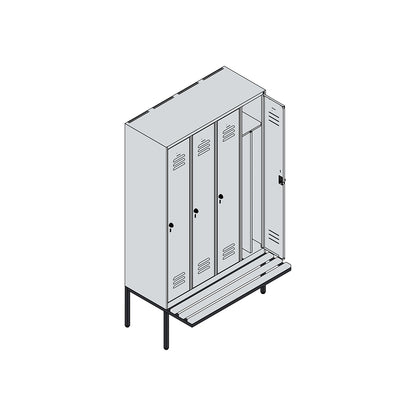 Classic PLUS clean and dirty bench seat clothes locker, narrow, 4 compartments, shortened centre divider, light grey/reseda green, W 1200 mm, security rotary bolt, cantilevered, beech hardwood.