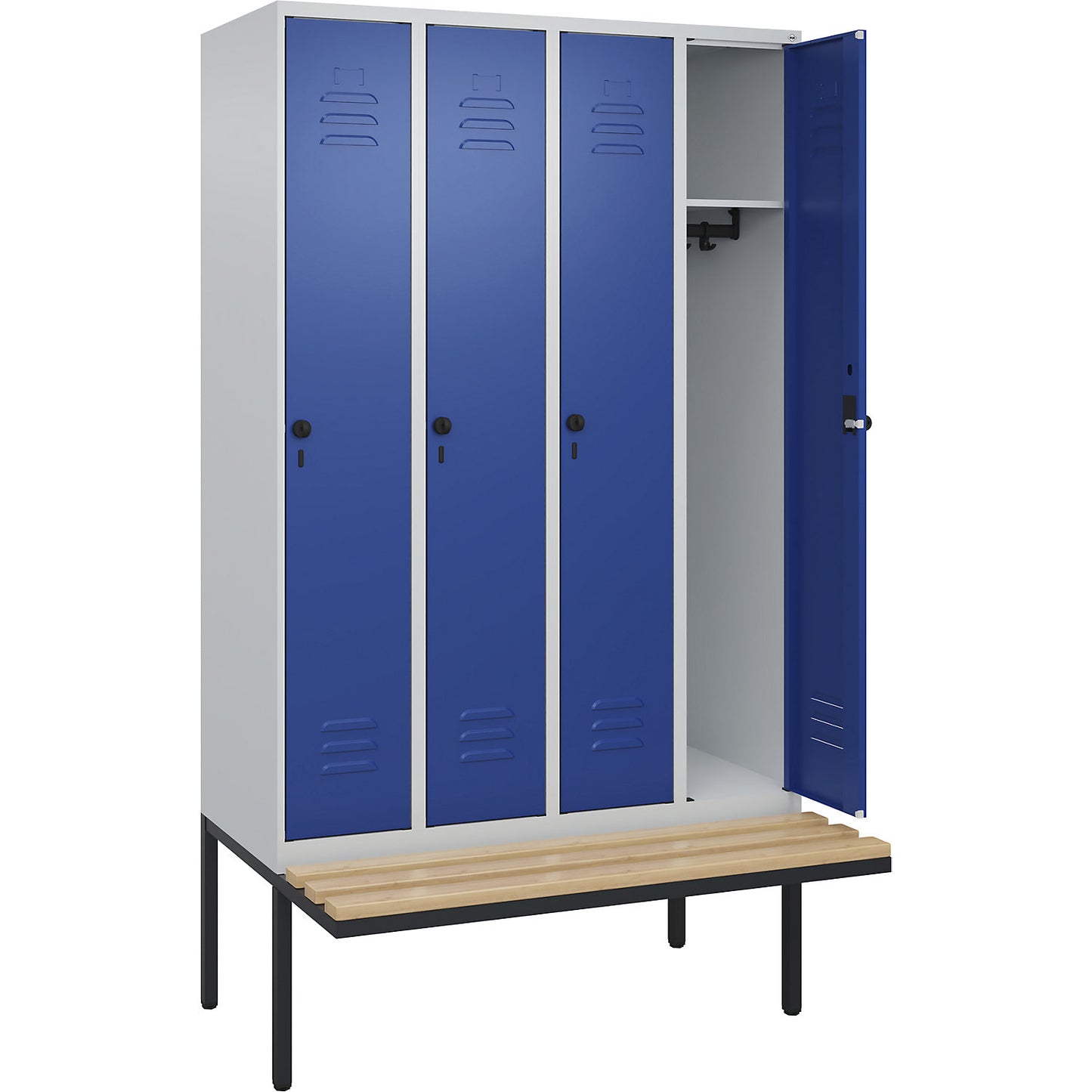 Classic PLUS bench seat clothes locker, 4 compartments, light grey/gentian blue, W 1200 mm, security rotary bolt, cantilevered, beech hardwood.