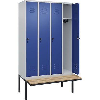 Classic PLUS bench seat clothes locker, 4 compartments, light grey/gentian blue, W 1200 mm, security rotary bolt, cantilevered, beech hardwood.