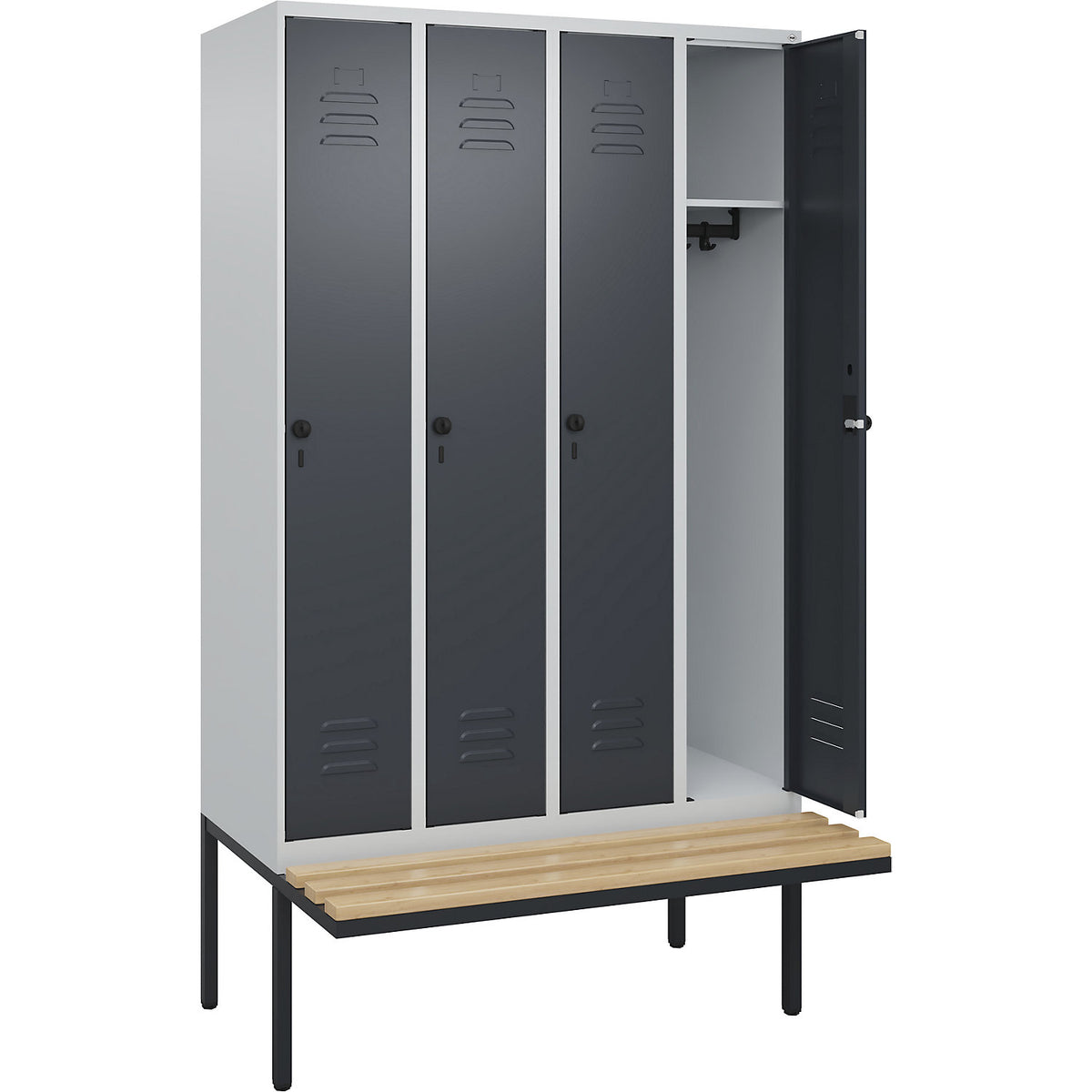 Classic PLUS bench seat clothes locker, 4 compartments, light grey/grey, W 1200 mm, security rotary bolt, cantilevered, beech hardwood.