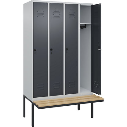 Classic PLUS bench seat clothes locker, 4 compartments, light grey/grey, W 1200 mm, security rotary bolt, cantilevered, beech hardwood.