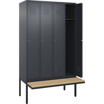 Classic PLUS bench seat clothes locker, 4 compartments, grey, W 1200 mm, cylinder lock, cantilevered, beech hardwood.