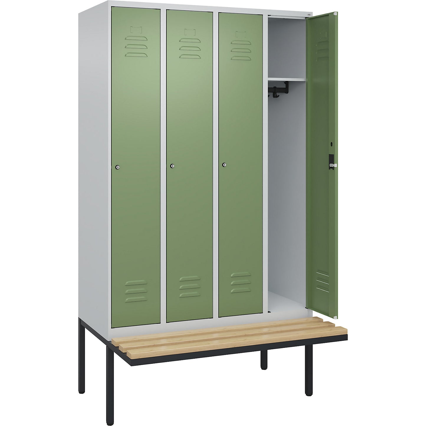 Classic PLUS bench seat clothes locker, 4 compartments, light grey/reseda green, W 1200 mm, cylinder lock, cantilevered, beech hardwood.