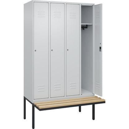 Classic PLUS bench seat clothes locker, 4 compartments, light grey, W 1200 mm, cylinder lock, cantilevered, beech hardwood.