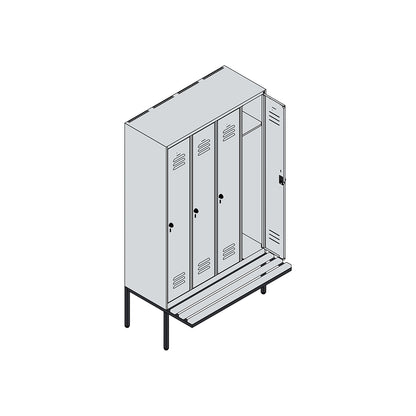 Classic PLUS bench seat clothes locker, 4 compartments, light grey/gentian blue, W 1200 mm, security rotary bolt, cantilevered, beech hardwood.