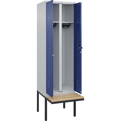 Classic PLUS clean and dirty bench seat clothes locker, centre divider, 1 compartment, light grey/gentian blue, W 600 mm, security rotary bolt, cantilevered, beech hardwood.