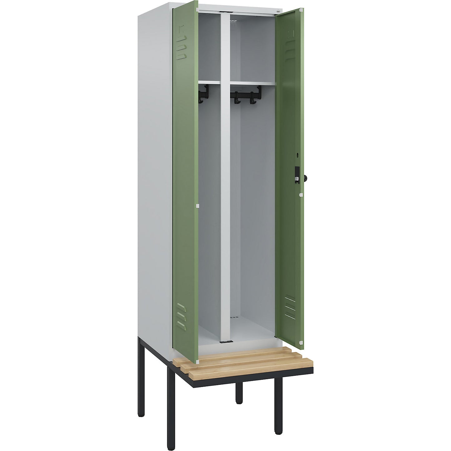 Classic PLUS clean and dirty bench seat clothes locker, centre divider, 1 compartment, light grey/reseda green, W 600 mm, security rotary bolt, cantilevered, beech hardwood.