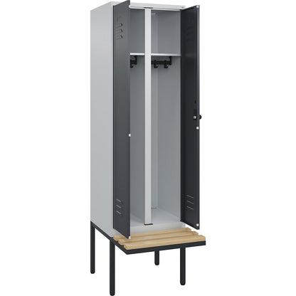 Classic PLUS clean and dirty bench seat clothes locker, centre divider, 1 compartment, light grey/grey, W 600 mm, security rotary bolt, cantilevered, beech hardwood.