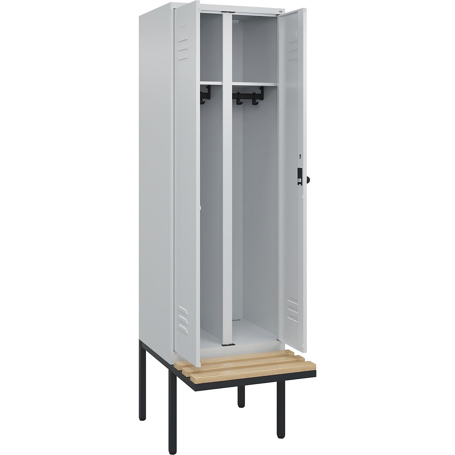 Classic PLUS clean and dirty bench seat clothes locker, centre divider, 1 compartment, light grey, W 600 mm, security rotary bolt, cantilevered, beech hardwood.