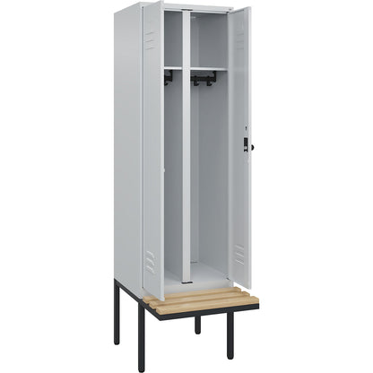 Classic PLUS clean and dirty bench seat clothes locker, centre divider, 1 compartment, light grey, W 600 mm, security rotary bolt, cantilevered, beech hardwood.