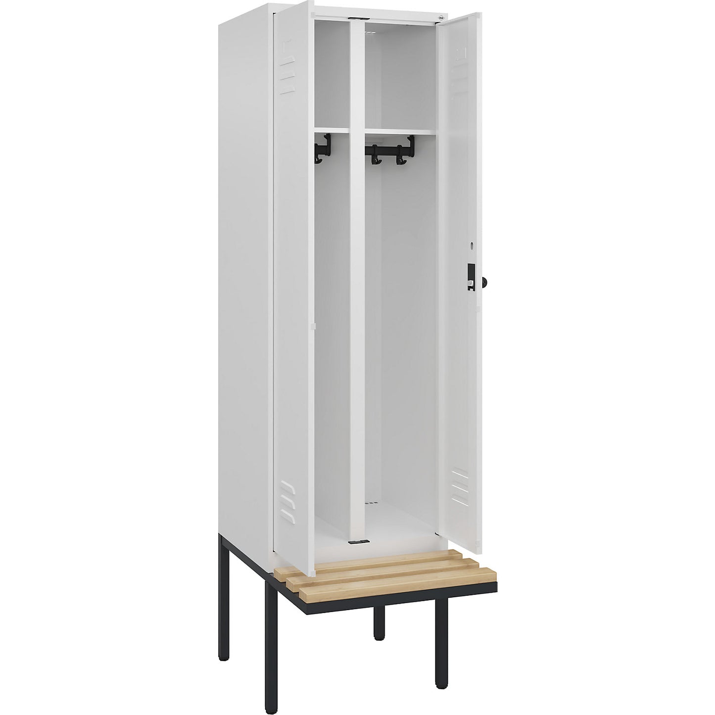 Classic PLUS clean and dirty bench seat clothes locker, centre divider, 1 compartment, traffic white, W 600 mm, security rotary bolt, cantilevered, beech hardwood.