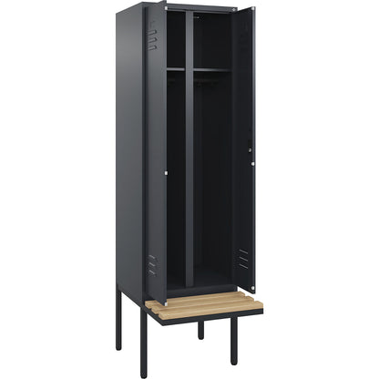 Classic PLUS clean and dirty bench seat clothes locker, centre divider, 1 compartment, grey, W 600 mm, cylinder lock, cantilevered, beech hardwood.