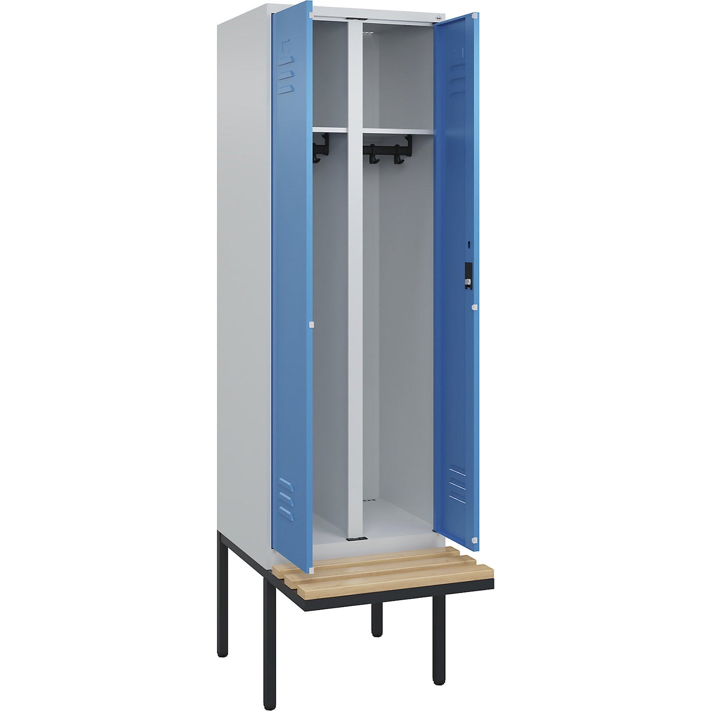 Classic PLUS clean and dirty bench seat clothes locker, centre divider, 1 compartment, light grey/light blue, W 600 mm, cylinder lock, cantilevered, beech hardwood.